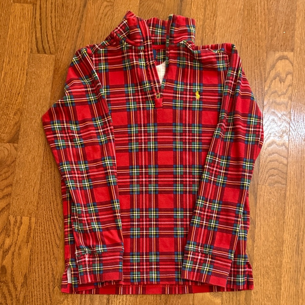 Boys Medium Polo by Ralph Lauren Christmas Red Plaid Quarter Zip Top